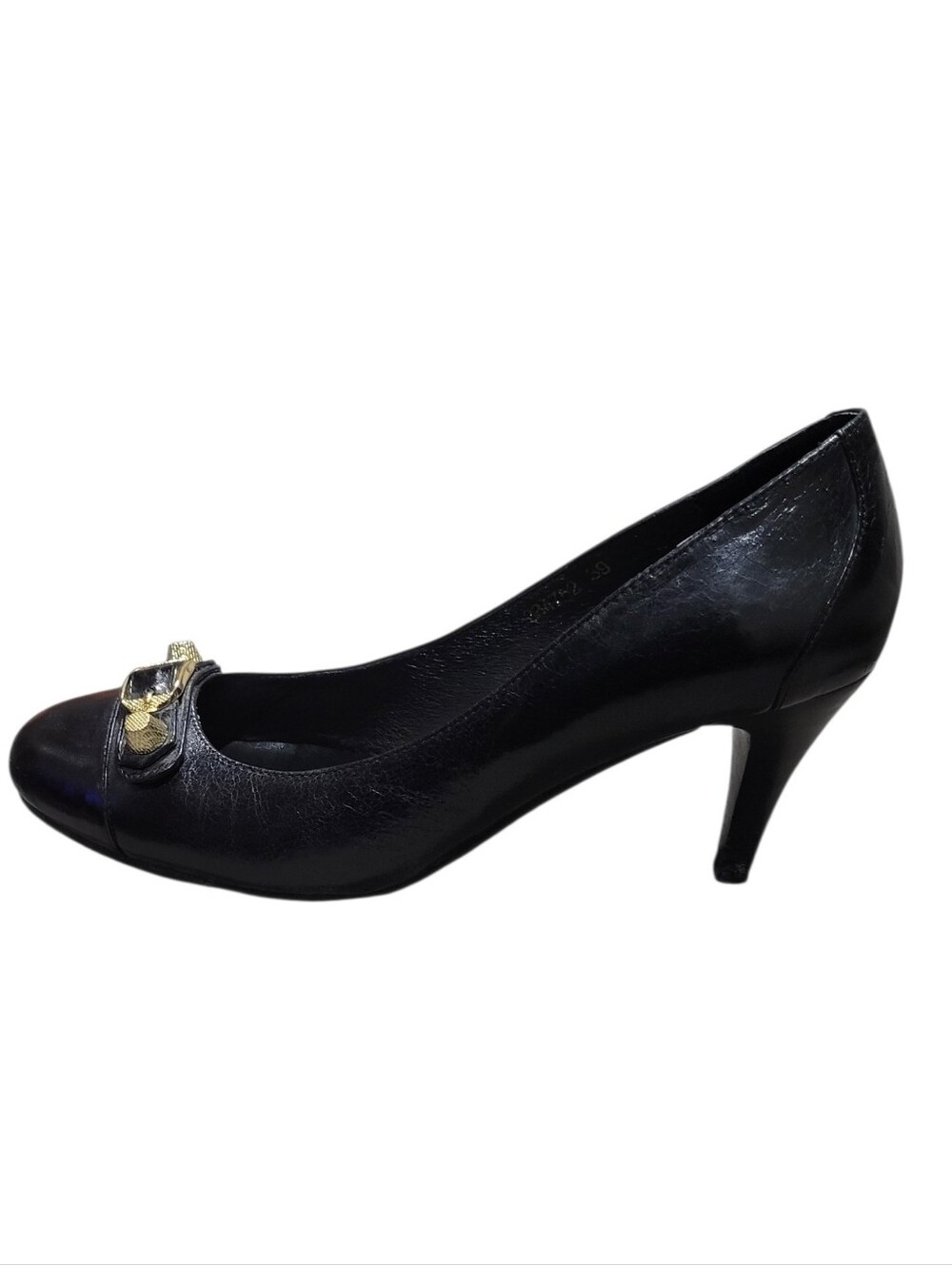 Balenciaga Black Leather Mid-Heel Pump with Gold Buckle